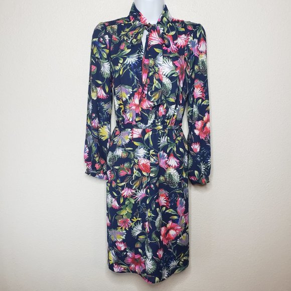 Jcrew Sz XS Tie-Neck Navy Floral Print Sheer Top Midi Dress (475) - Picture 2 of 10